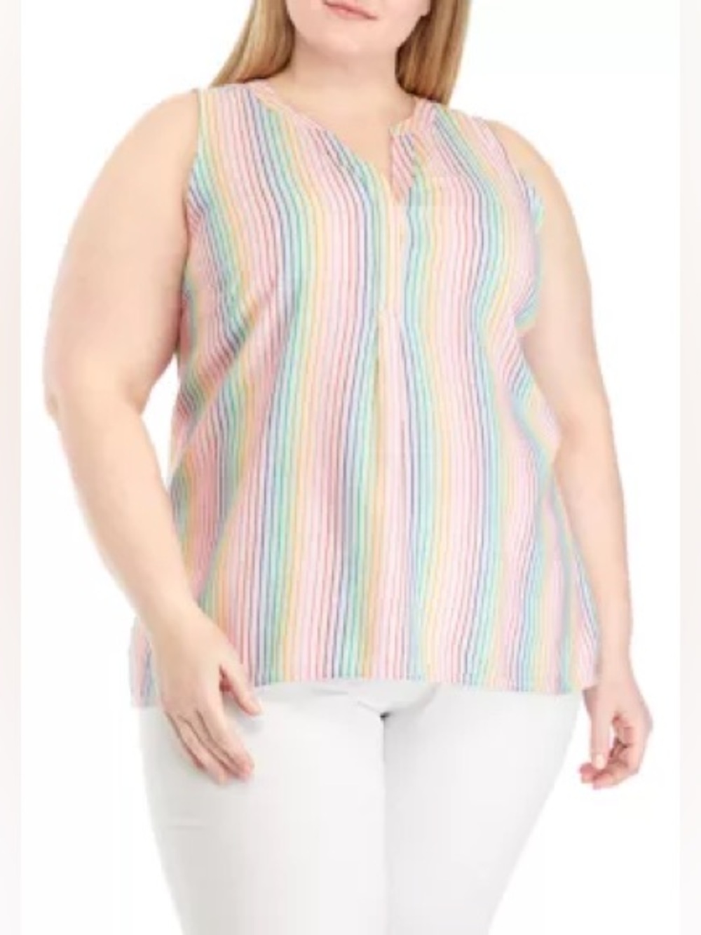 Crown & Ivy Sleeveless Rainbow Stripe V-Neck Tank Summer Peasant Top